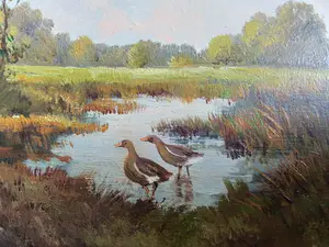 Niet of onleesbaar gesigneerd - 2 fraaie landschapsschilderijtjes met koeien en eenden kopen? Bied vanaf 1!