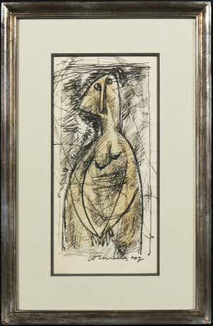 Corneille - Inkttekening, Z.T. Figuur (1947) - Ingelijst verkocht voor € 2000!