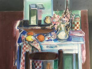 Tine van Diepen-Alderliefste - Stilleven op blauw tafeltje | Groot formaat kopen? Bied vanaf 100!