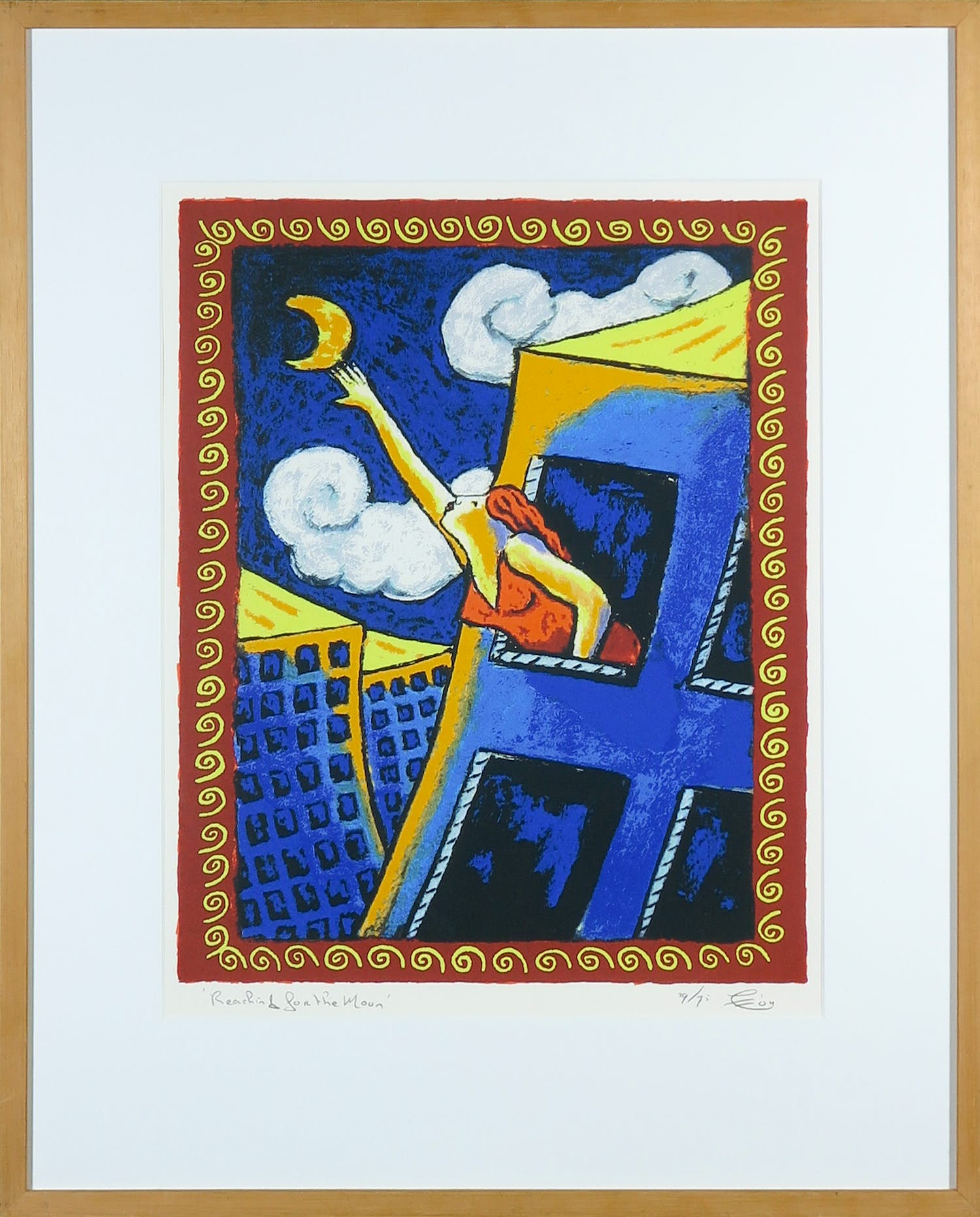 Jacques Tange - Zeefdruk, Reaching for the Moon - Ingelijst verkocht voor € 70!