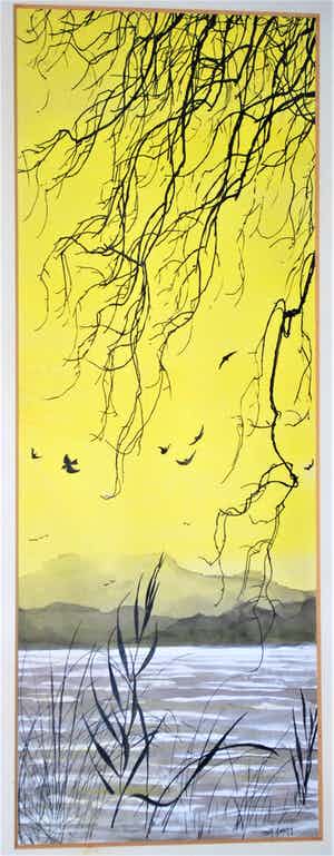 Tom Anema - vogels boven het meer - gouache verkocht voor € 60!