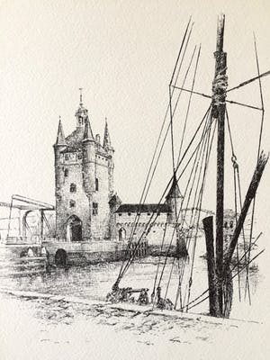 Koster Kees - Kees Koster - Zierikzee "Zuidhavenpoort", Tekening kopen? Bied vanaf 50!