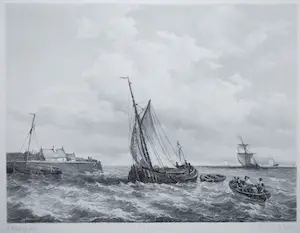 Adolf Carel Nunnink - een beurtschip loopt een haven binnen - Litho naar A. Waldorp - fraaie lijst kopen? Bied vanaf 65!