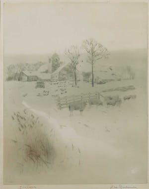 Abe Gerlsma - Ets en aquatint, Schapen in wei voor dorp - Ingelijst kopen? Bied vanaf 50!