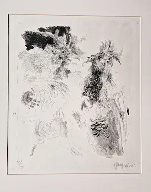 Jan Mensinga - in zeer kleine oplage (7) gemaakte monochrome lithografie "hanengevecht" kopen? Bied vanaf 35!