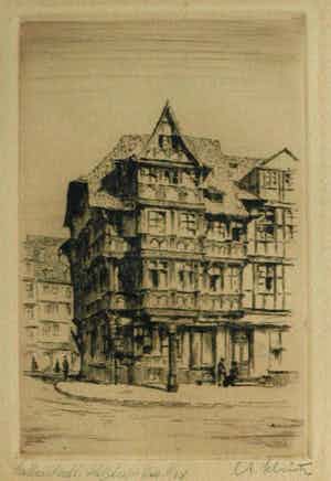 Anton Schutz - Ingelijste ets, Stadsgezicht Halberstadt – ca. 1925 verkocht voor € 35!