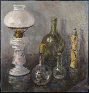 Niet of onleesbaar gesigneerd - Olieverf op board, Stilleven met olielamp kopen? Bied vanaf 1!