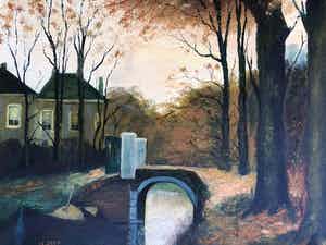 Johannes Franciscus Hutten - Schilderij bosgezicht met watertje. verkocht voor € 55!