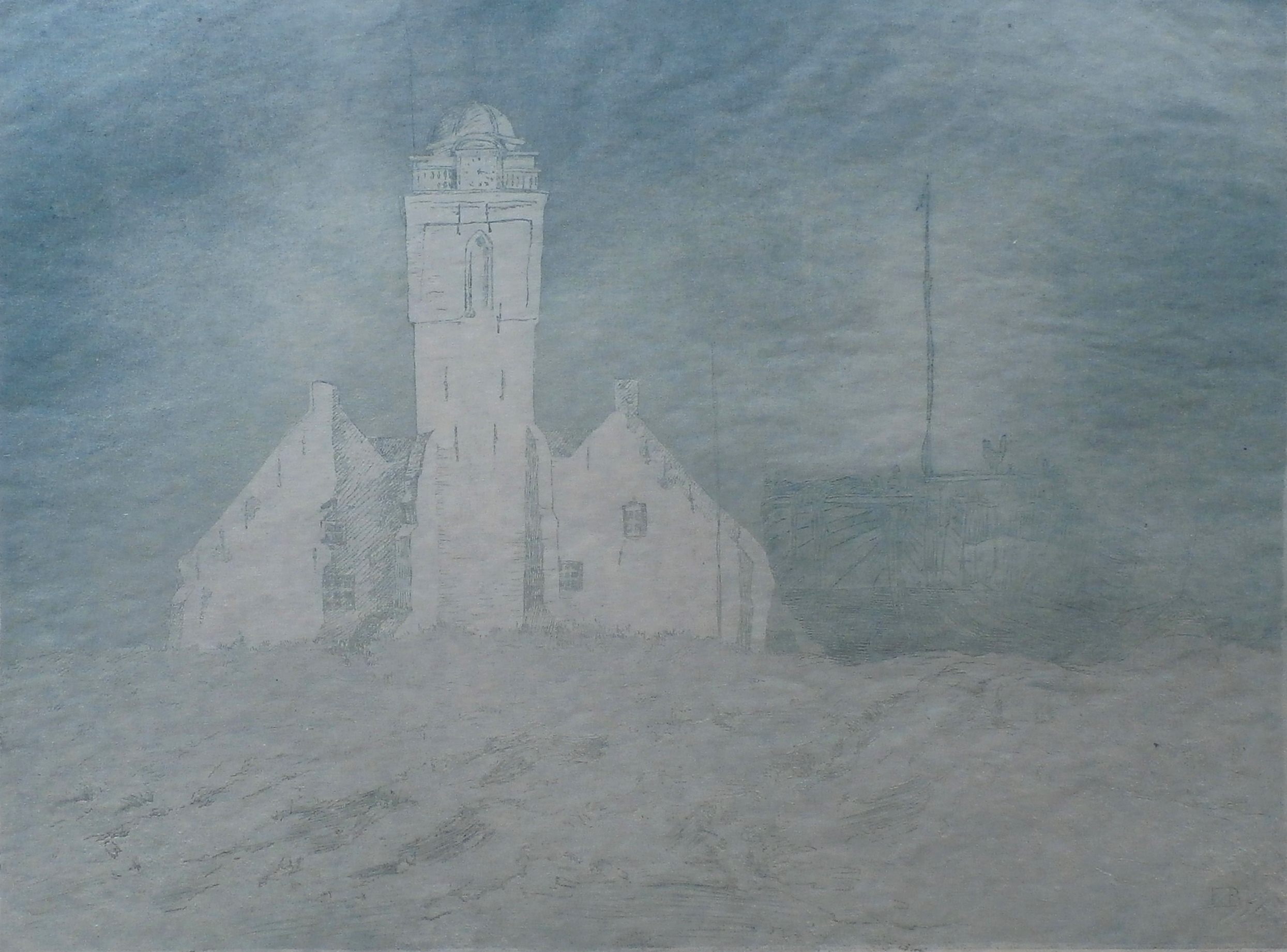 Frederika Broeksmit - ets: vuurtoren en vissersboot, Katwijk aan zee verkocht voor € 45!