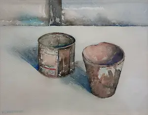 Peter Langenberg - UNICUM - aquarel - 'Blikje & Bloempot' - 230B kopen? Bied vanaf 25!