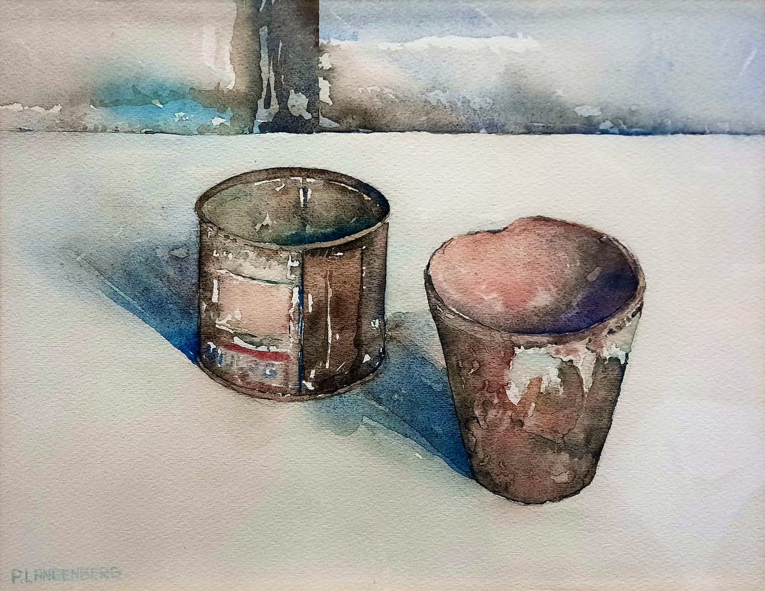 Peter Langenberg - UNICUM - aquarel - 'Blikje & Bloempot' - 230B kopen? Bied vanaf 25!