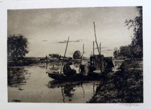 Jozef van Raay - Weidelanschap met figuren in punters op het water. kopen? Bied vanaf 25!