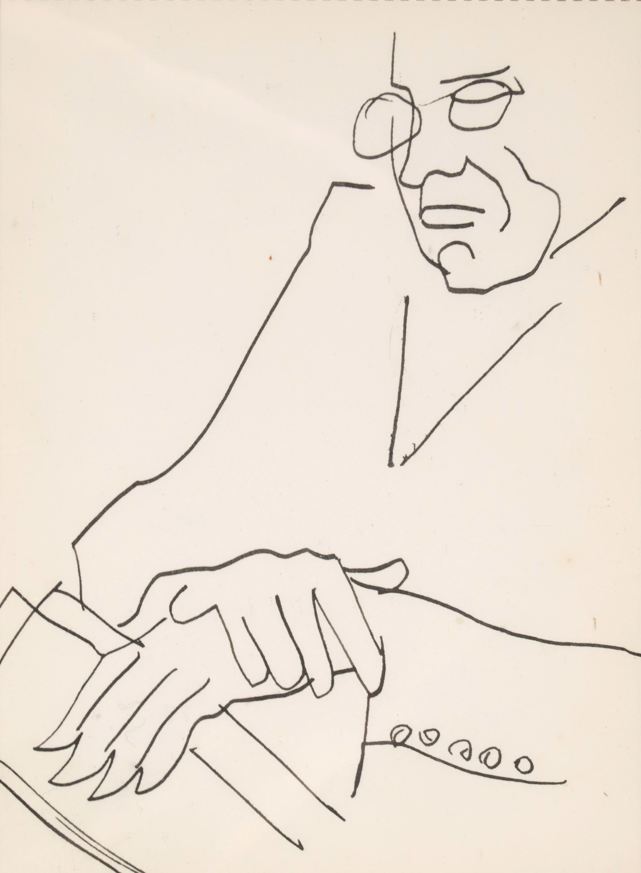 Siep van den Berg - Inkttekening, Man met bril en gevouwen handen in slaap gevallen - Ingelijst kopen? Bied vanaf 75!