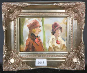 Niet of onleesbaar gesigneerd - Olieverf op paneel, Twee vrouwen met hoeden - Ingelijst kopen? Bied vanaf 1!