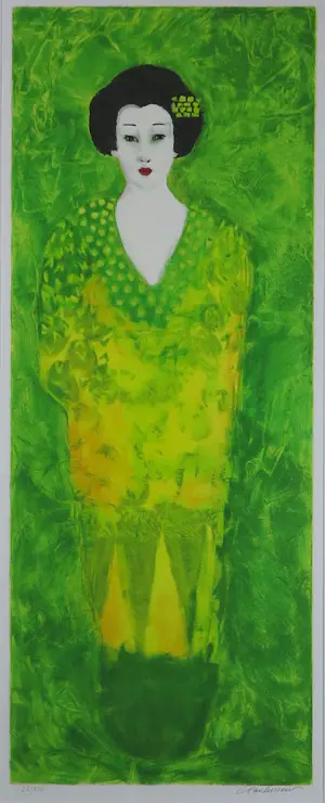 Carolina Paulussen - Zeefdruk op papier, Geisha Groen - Ingelijst kopen? Bied vanaf 70!