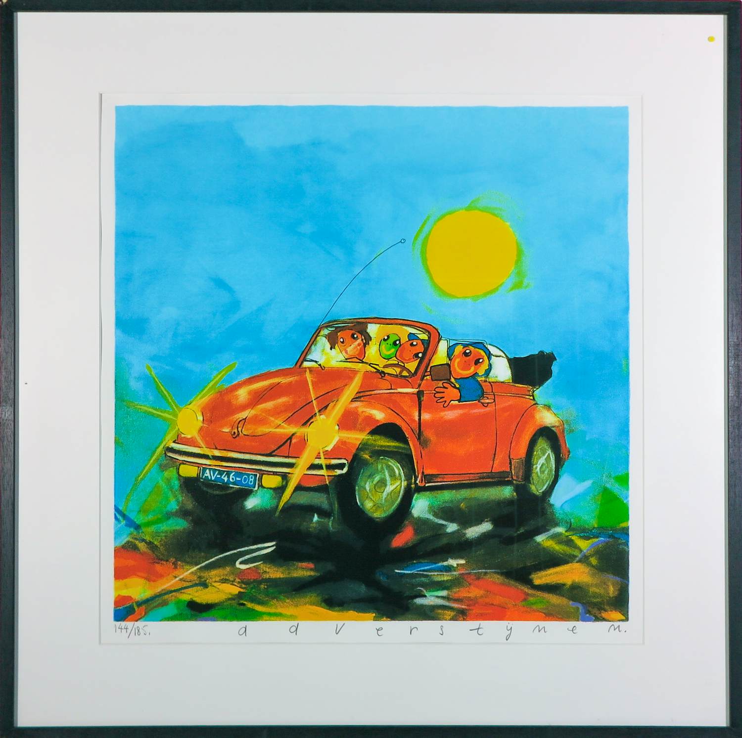 Ad Verstijnen - Zeefdruk, VW Kever - Ingelijst verkocht voor € 50!