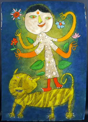 Shahid Parvez - Zeefdruk op dibond, Meisje met tijger (met ophangsysteem) kopen? Bied vanaf 50!