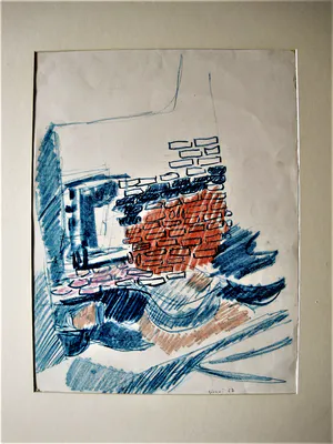 Piero Giunni - Vooraanstaand Italiaans modernist - groot Pastel - "Huis in aanbouw" gesigneerd kopen? Bied vanaf 58!