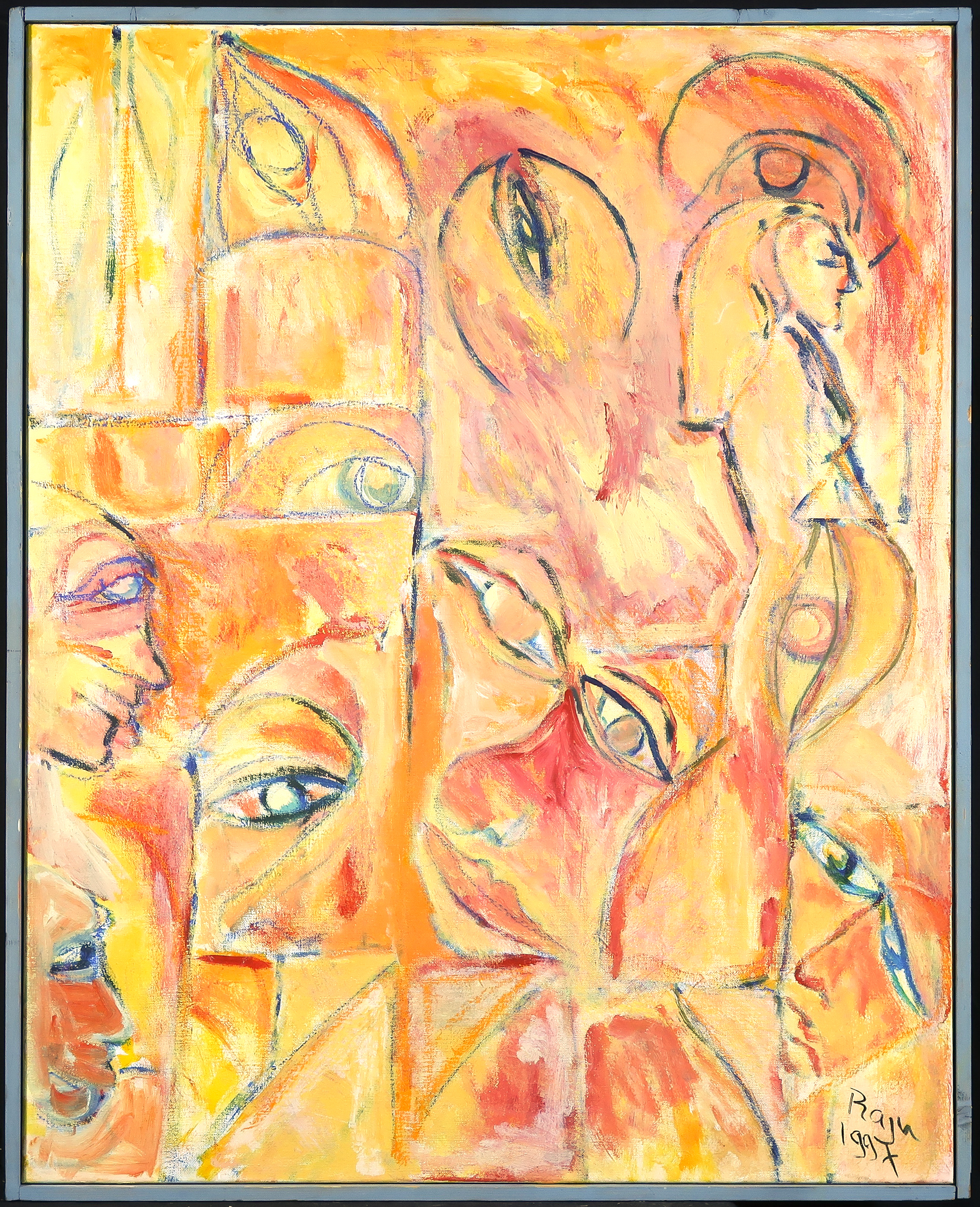 Niet of onleesbaar gesigneerd - Acryl op doek, Gezichtsuitdrukkingen - Ingelijst verkocht voor € 1!