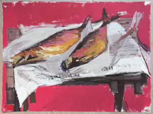 Frans Hollaardt - Vis op krant op tafel, gouache kopen? Bied vanaf 50!