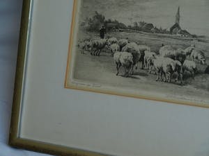 Maarten Langbroek - Ingelijste ets, Voorjaar op Texel – ca. 1970 kopen? Bied vanaf 35!