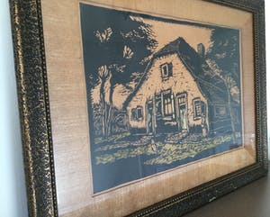 Paul van Dam - Veluwse boerderij | houtsnede - gekleurd in bewerkte houten lijst kopen? Bied vanaf 17!