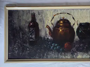 Peter Brouwer - Stilleven met fruit en flessen en potten. kopen? Bied vanaf 129!