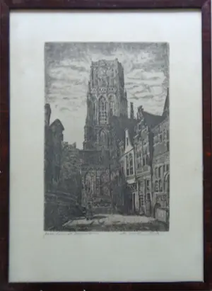 Gerard Willem Becker - ROTTERDAM ST. LAURENSTOREN / ZW-W ETS / 45x33cm / KADER / SIG kopen? Bied vanaf 25!