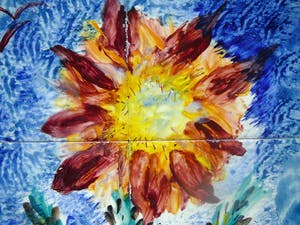 Niet of onleesbaar gesigneerd - Tegeltableau 'Wilde bloem met vogels en vissen' -1985- kopen? Bied vanaf 10!