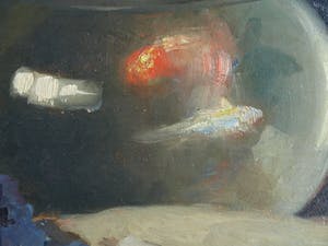 Frits Hes - Olieverf op doek, Stilleven met vissenkom en blokfluit – gesigneerd – ca 1950 kopen? Bied vanaf 100!