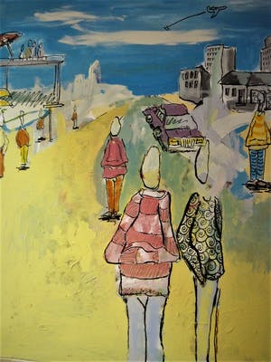 Niet of onleesbaar gesigneerd - Vrolijk modern Acryl/Doek schilderij "Strandgezicht" gesigneerd en GROOT!! kopen? Bied vanaf 1!