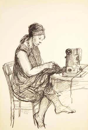 Aat Veldhoen - Rotaprint, Vrouw achter naaimachine verkocht voor € 50!