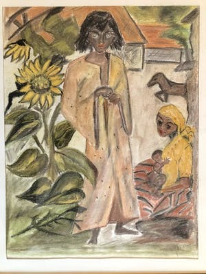 Niet of onleesbaar gesigneerd - Aziatisch tafereel - Krijttekening, Ingelijst kopen? Bied vanaf 1!