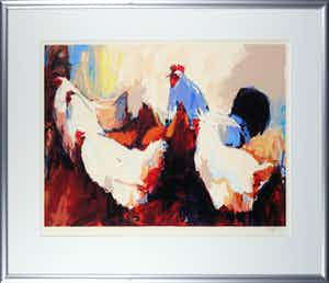 Gerda Elfring - Zeefdruk, Kippen - Ingelijst verkocht voor € 35!