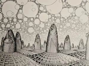 Jan Bernard Meinen - Grote & gedetailleerde Inkt-tekening "Vissen en luchtbellen" - 1974 - gesigneer kaufen? Bieten Sie von 29!