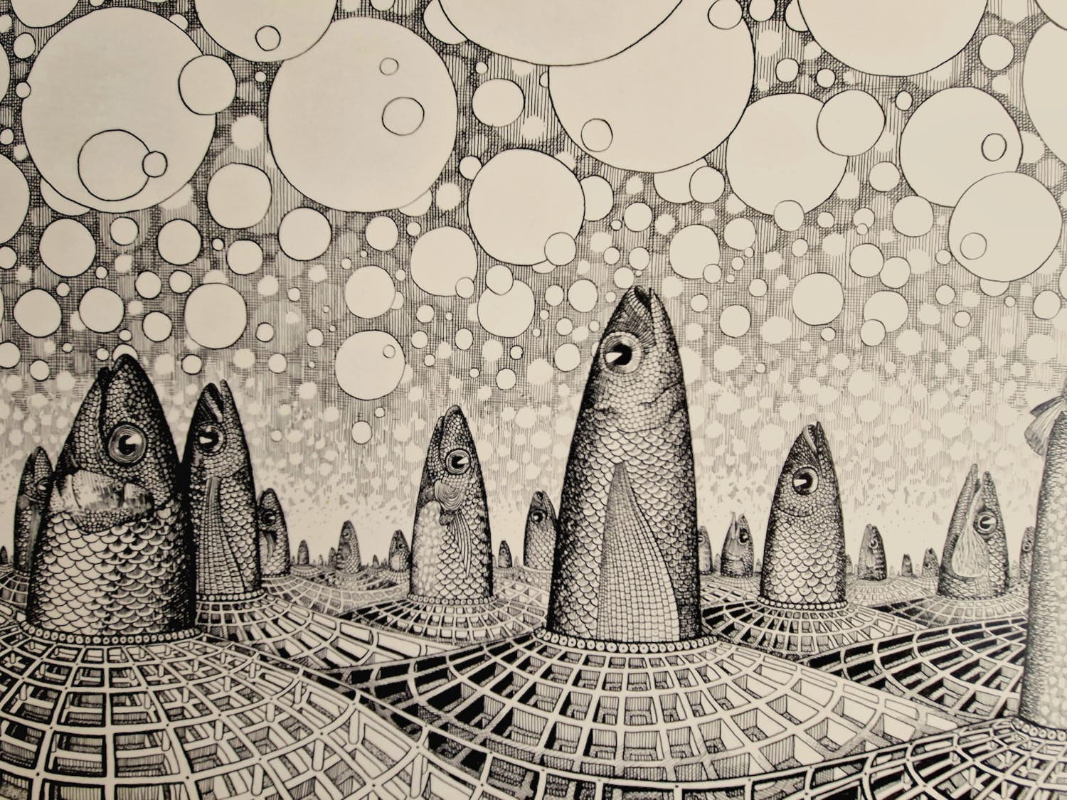 Jan Bernard Meinen - Grote & gedetailleerde Inkt-tekening "Vissen en luchtbellen" - 1974 - gesigneer kopen? Bied vanaf 29!