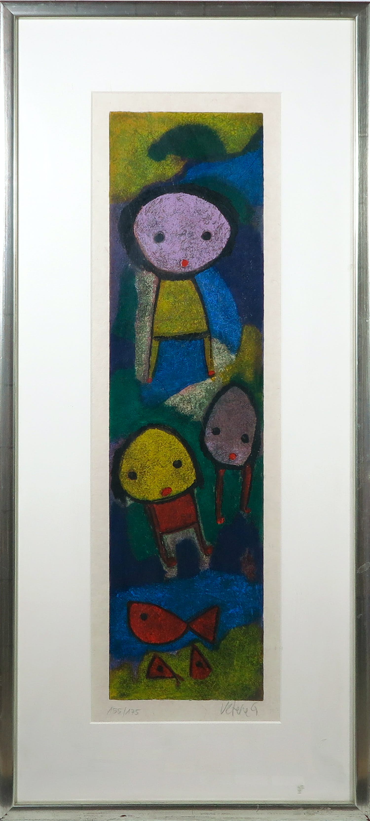 Giovanni Vetere - Zeefdruk, Eenoudergezin bij vissen - Ingelijst verkocht voor € 40!