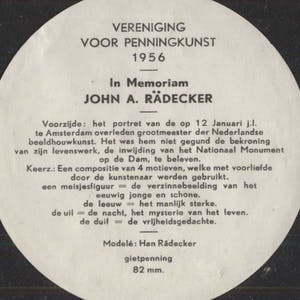 Han Rädecker - Bronzen gietpenning: In Memoriam John A. Rädecker, 1956 kopen? Bied vanaf 75!