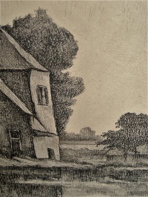 Niet of onleesbaar gesigneerd - omstreeks 1920 - Pointillistische Inkt tekening - Huis aan rivier - gesigneerd kopen? Bied vanaf 1!