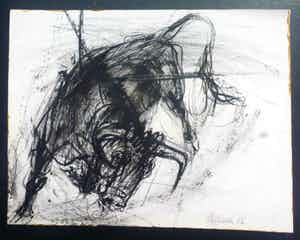 Piet Klaasse - Stier. Houtskool en waterverf. verkocht voor € 59!
