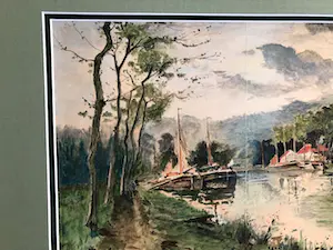 Clement Bezemer - zicht op dorpje aan rivier met afgemeerde boten (in dubbel passe partout) kopen? Bied vanaf 30!