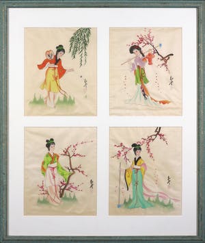 Niet of onleesbaar gesigneerd - Vier Chinese aquarellen op zijde - Ingelijst kopen? Bied vanaf 1!