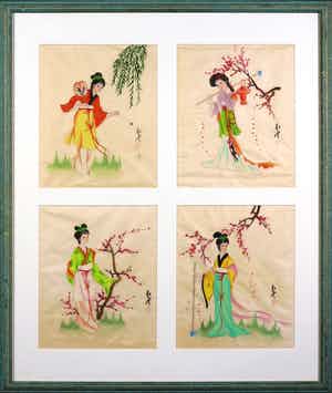 Niet of onleesbaar gesigneerd - Vier Chinese aquarellen op zijde - Ingelijst verkocht voor € 1!