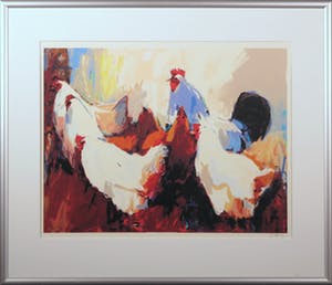 Gerda Elfring - Zeefdruk, 6 kippen - Ingelijst kopen? Bied vanaf 50!