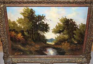 Jan van Vlaardingen - Boslandschap met een ven - olieverfschilderij verkocht voor € 60!