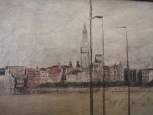 Niet of onleesbaar gesigneerd - Zicht op de jachthaven van Antwerpen met historisch stadscentrum op achtergrond kopen? Bied vanaf 1!