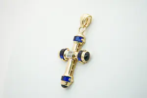 24-  Grote & massief 18 krt geel-gouden Kruis hanger met gefacett. blauwe stenen kopen? Bied vanaf 570!