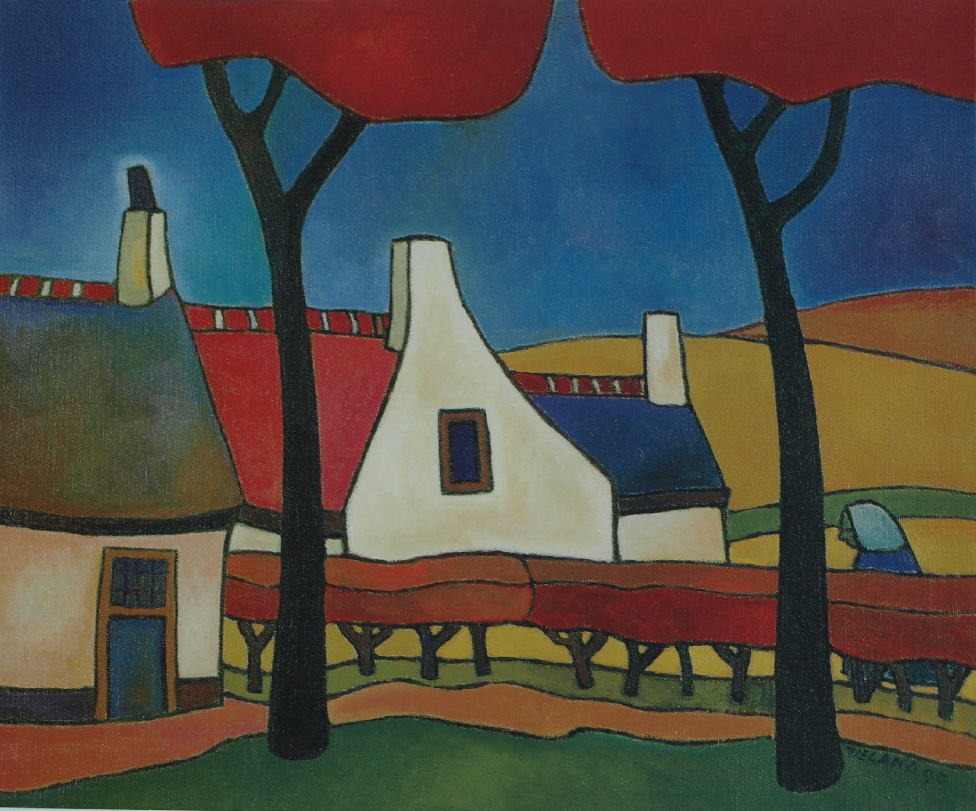 Toon Tieland - Handgesigneerde prent , “Rode bomen” - ingelijst – ca 1990 kopen? Bied vanaf 1!