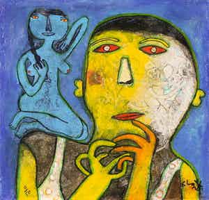 Shahid Parvez - Zeefdruk op paneel, Z.T. twee figuren verkocht voor € 70!