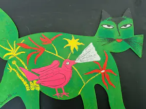Corneille - Metalen sculptuur Groene kat met vogel / Chat Vert Avec Oiseau kopen? Bied vanaf 525!